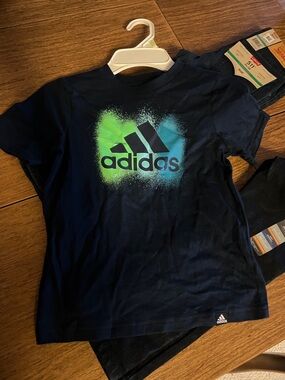 ADIDAS Navy Short-Sleeve Tee with Green & Teal Logo Spray